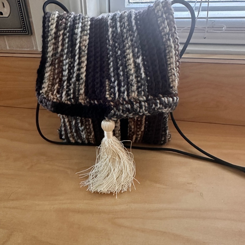 Handmade black Striped crochet Crossbody Bag purse with Tassel